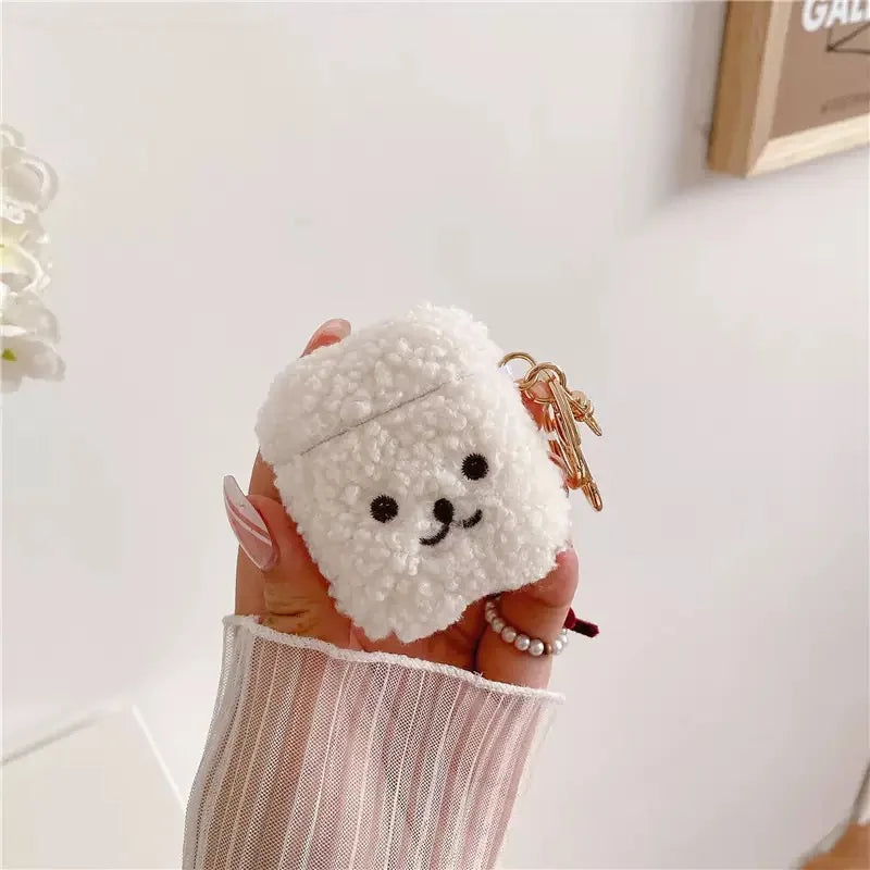 White fluffy teddy bear AirPods case with a gold keychain, soft fleece material, compatible with standard AirPods.