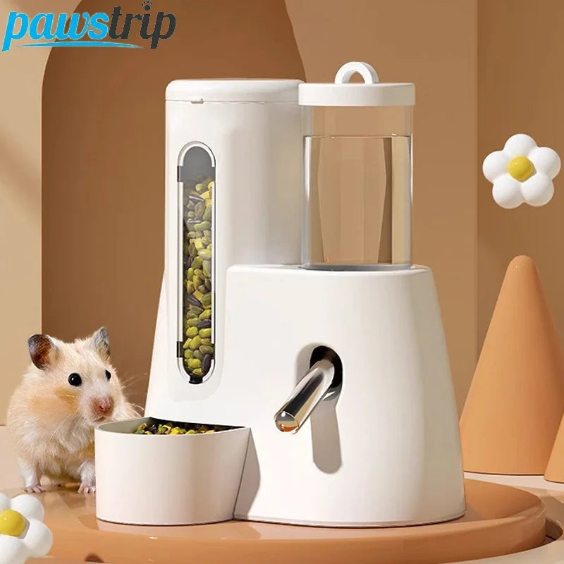 White, minimalist small pet feeder and water dispenser combo with a transparent food silo and metal spout.