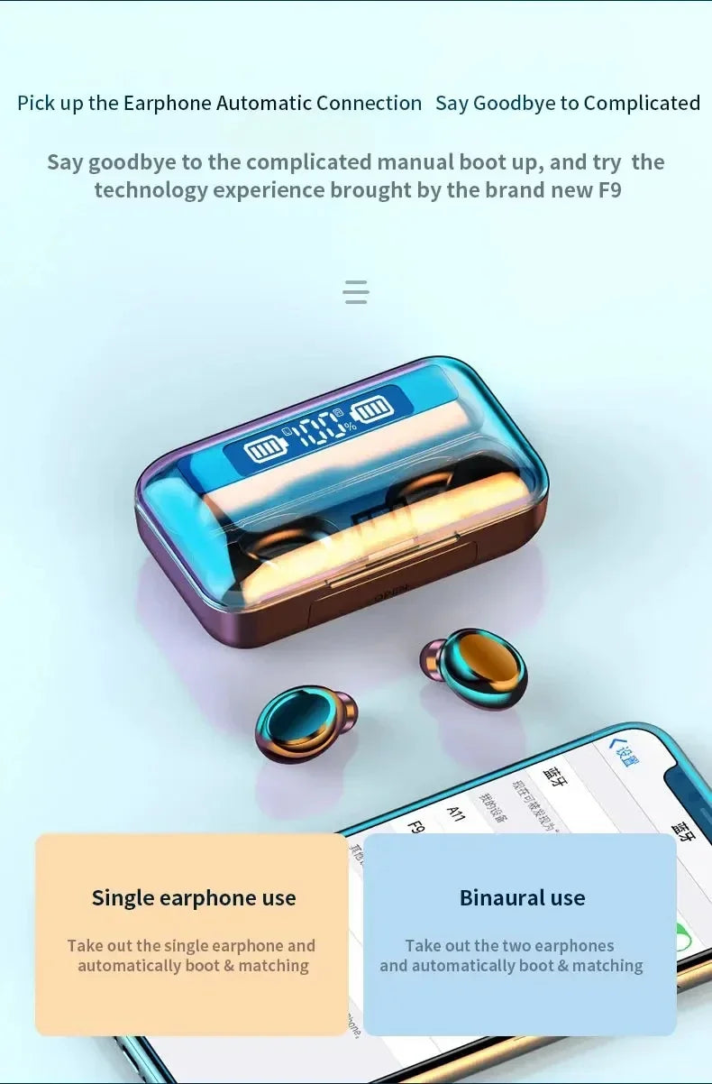Wireless earbuds with a digital display charging case in a metallic iridescent blue and copper finish.