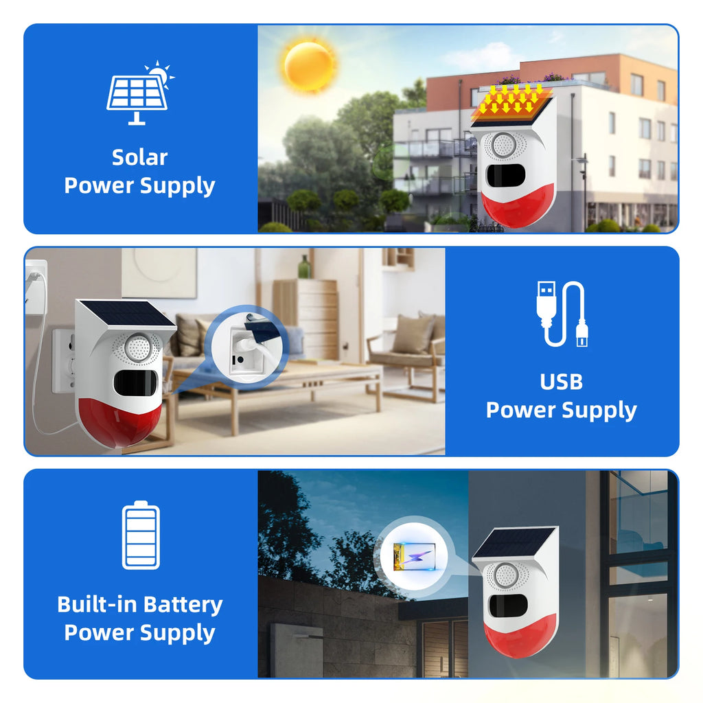 White and red wireless motion sensor alarm with solar panel, USB charging and built-in battery for outdoor security.