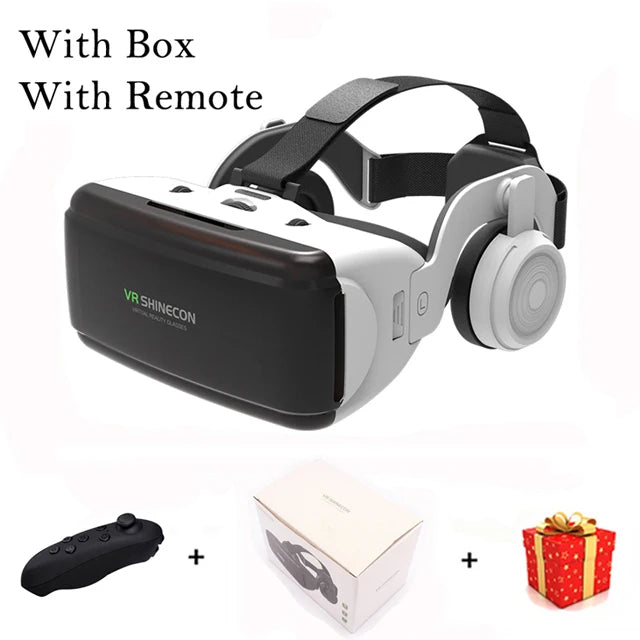 Black and white VR headset with built-in headphones, handheld remote, product box, and gift box.
