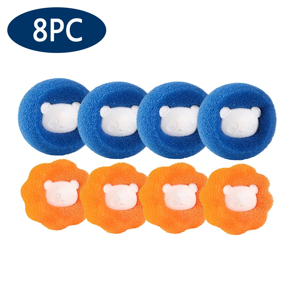 Set of 8 laundry catcher balls featuring blue smooth circles and orange textured flower shapes, each with a panda face.
