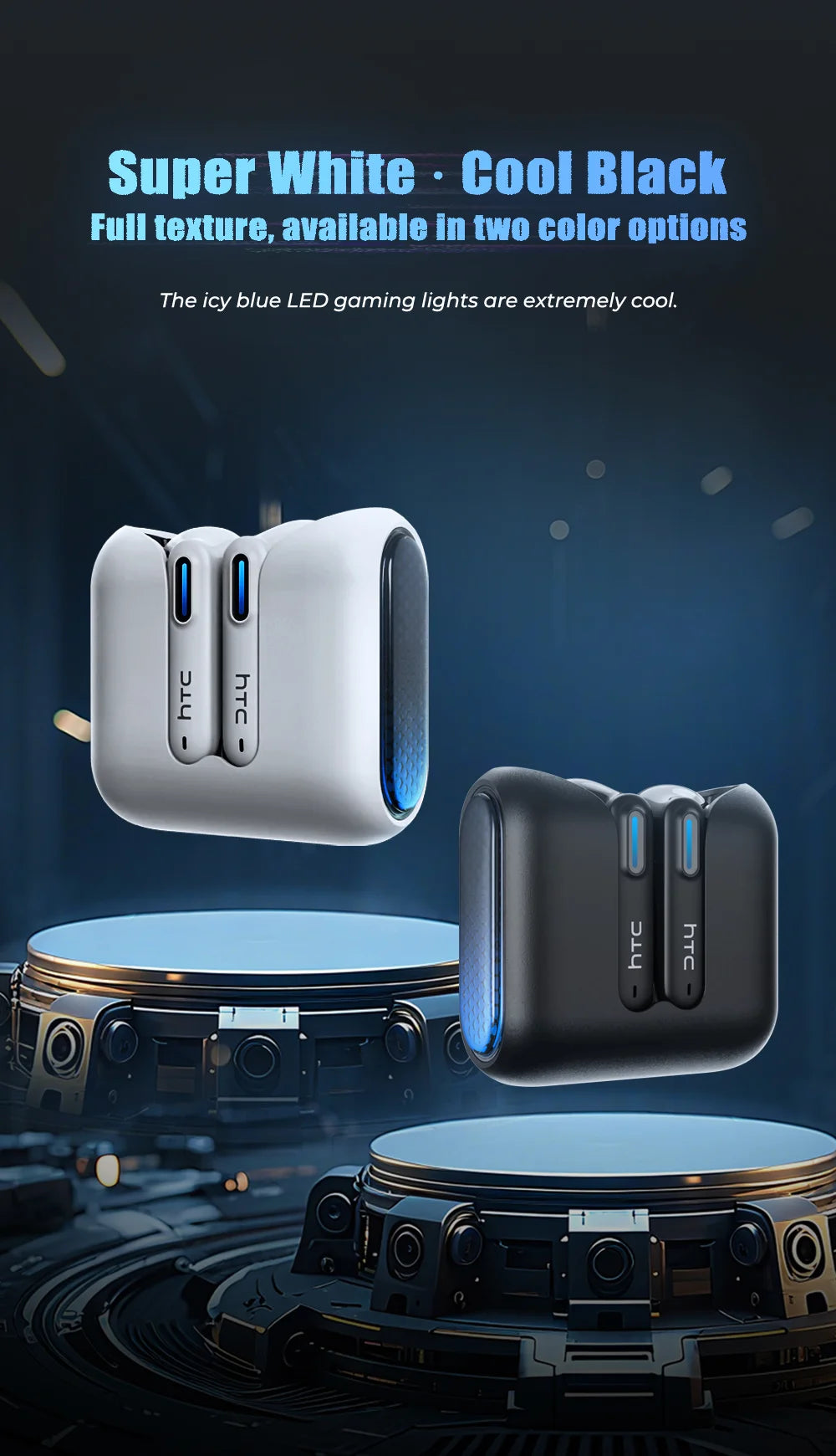 White and black wireless gaming earbuds in charging cases, featuring modern, sleek designs with blue LED light accents.