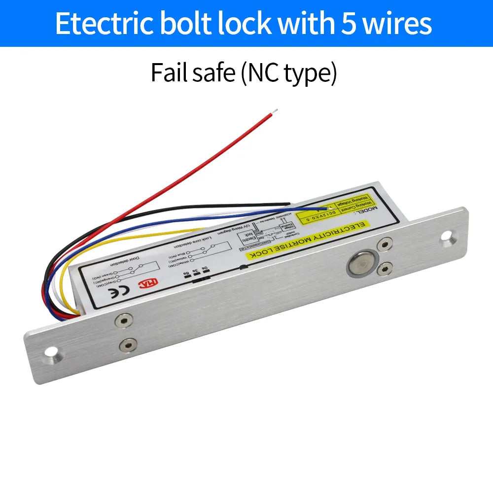 Silver metal electric mortise bolt lock with five colored wires for fail-safe access control systems.