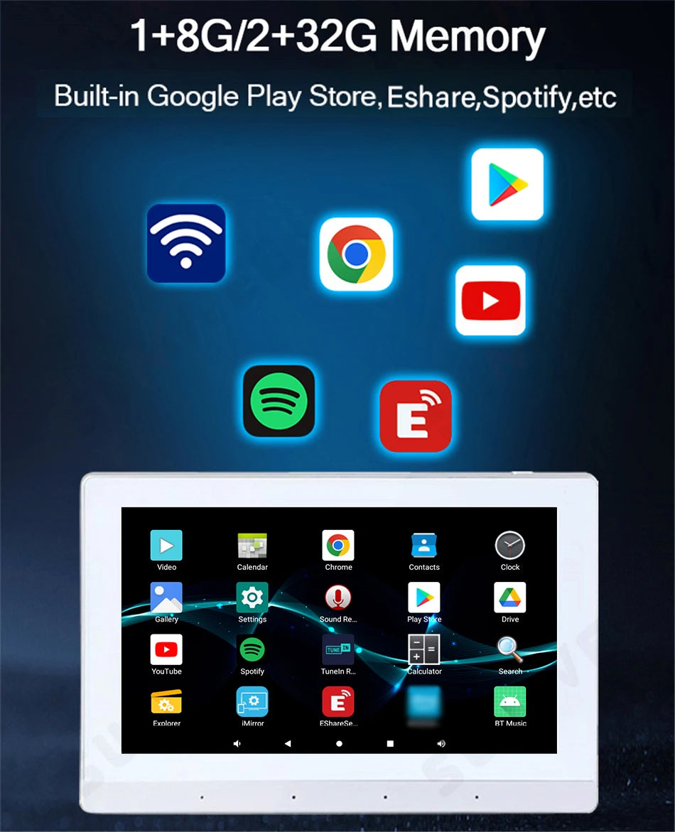 White 7-inch wall-mounted Android touch screen amplifier showing app icons, including Spotify and YouTube.