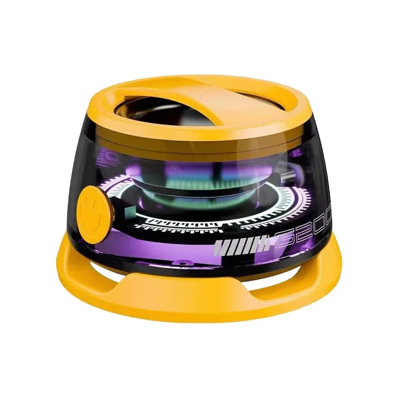 Yellow portable Bluetooth speaker featuring integrated phone holder, purple RGB lighting, and a smiley face button.