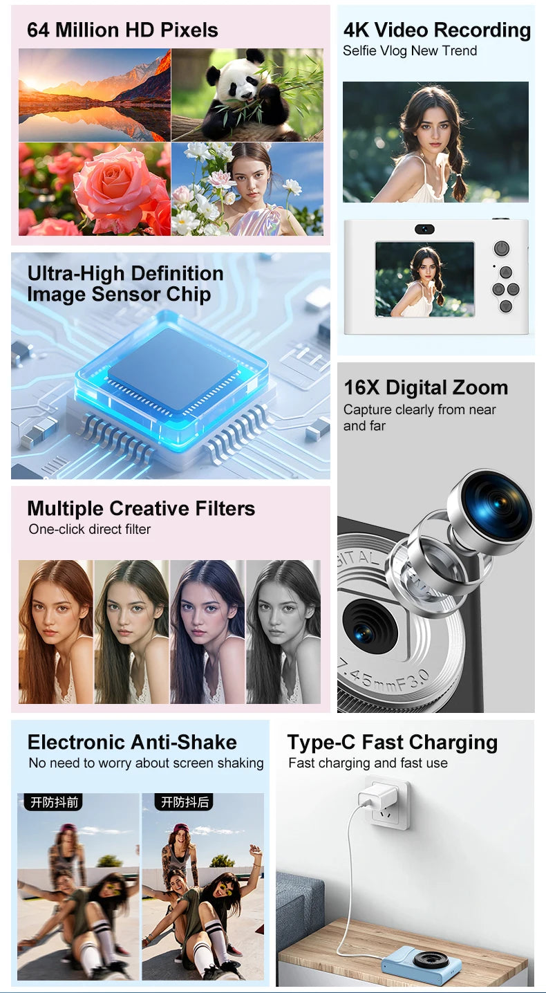White digital camera with 64MP sensor, 4K video, 16x zoom, anti-shake, filters, and USB-C charging.