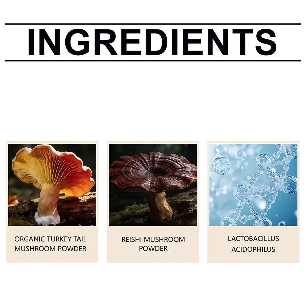 Ingredients list featuring images of organic Turkey Tail, Reishi mushrooms, and Lactobacillus acidophilus bacteria.