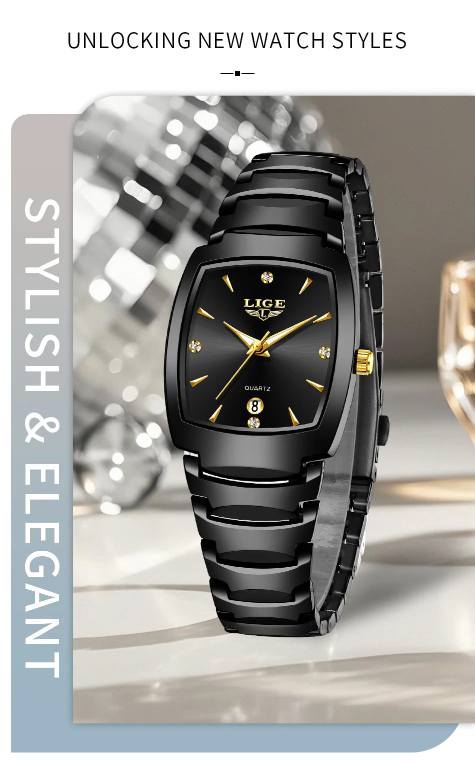 Elegant ladies' black stainless steel quartz watch with a square face, gold accents, and crystal hour markers.