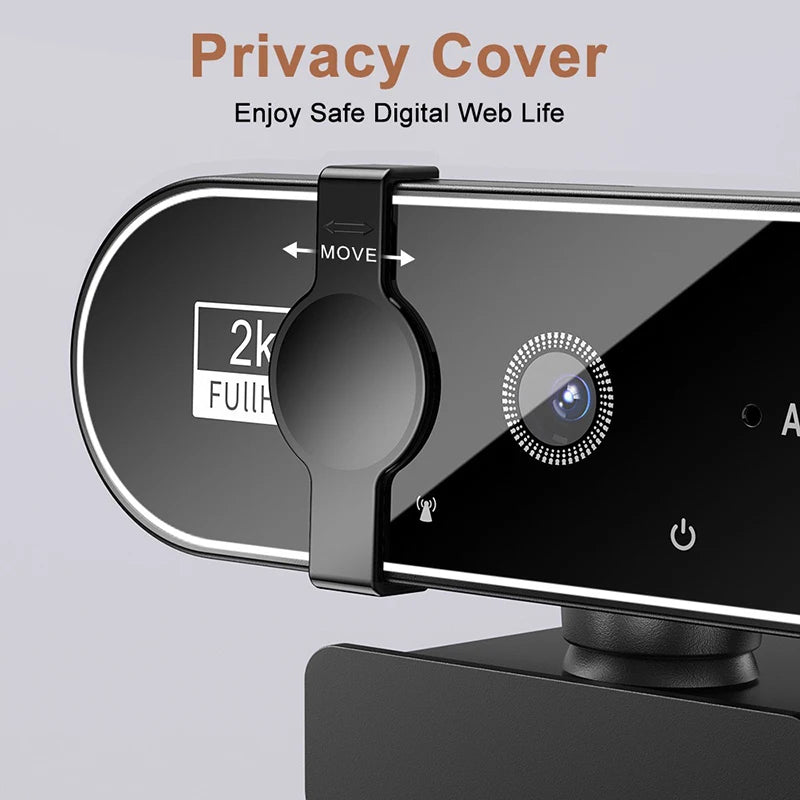 Black 4K autofocus webcam featuring a sliding privacy cover, built-in microphone, and sleek, modern design.