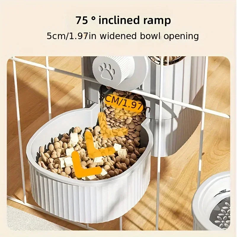 White wall-mounted pet food dispenser with a 75-degree inclined ramp and a 5cm wide bowl for easy feeding.