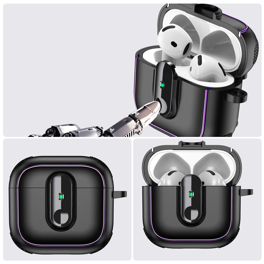 Black matte protective case for AirPods Pro, featuring a unique locking latch and sleek, modern design.