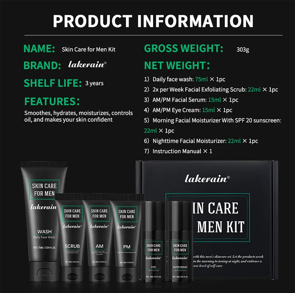 Men’s 7-piece skincare kit featuring black tubes and box, including face wash, scrub, serum, eye cream, and moisturizer.