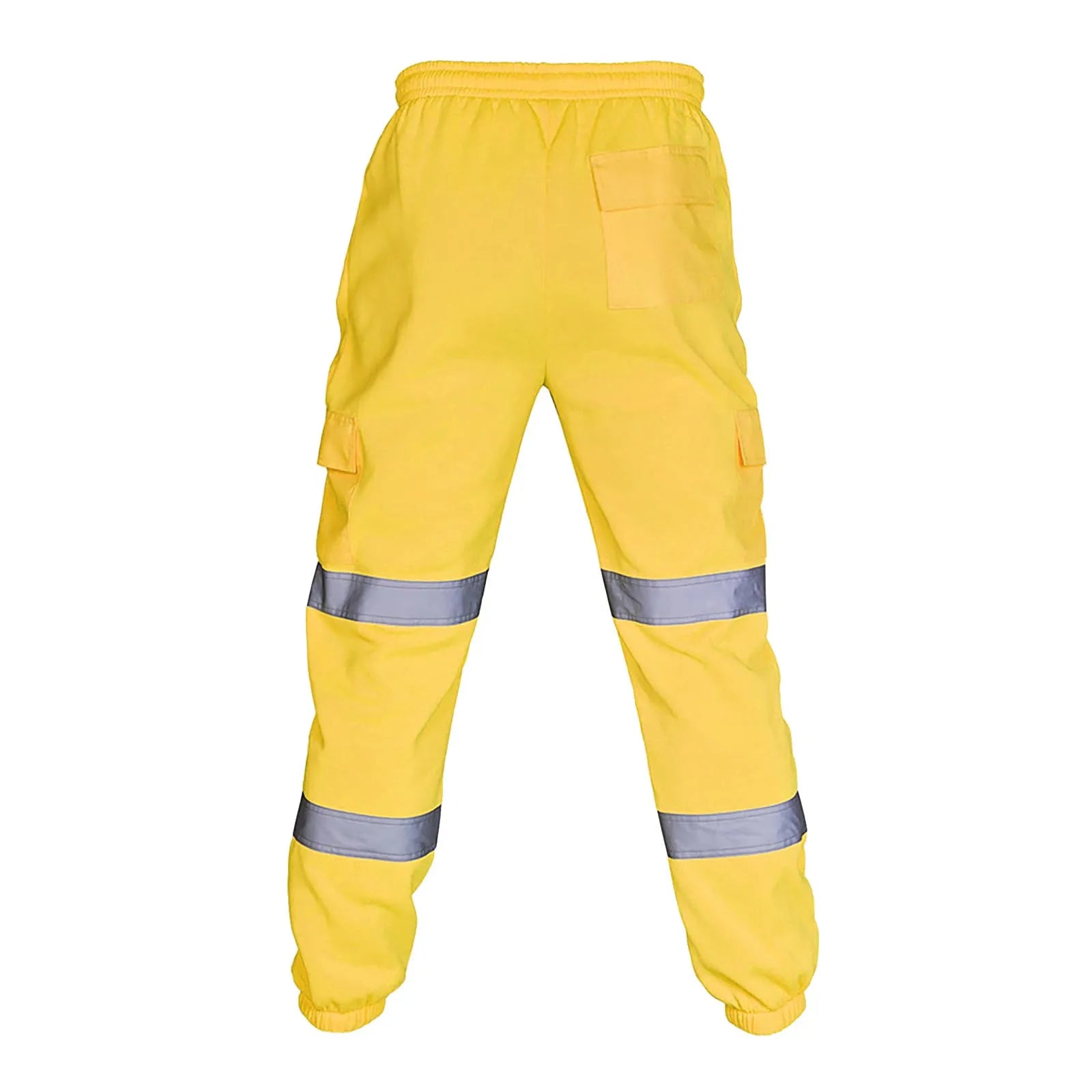 Yellow high-visibility work trousers with reflective leg stripes, elasticated waistband, side pockets and cuffed ankles.