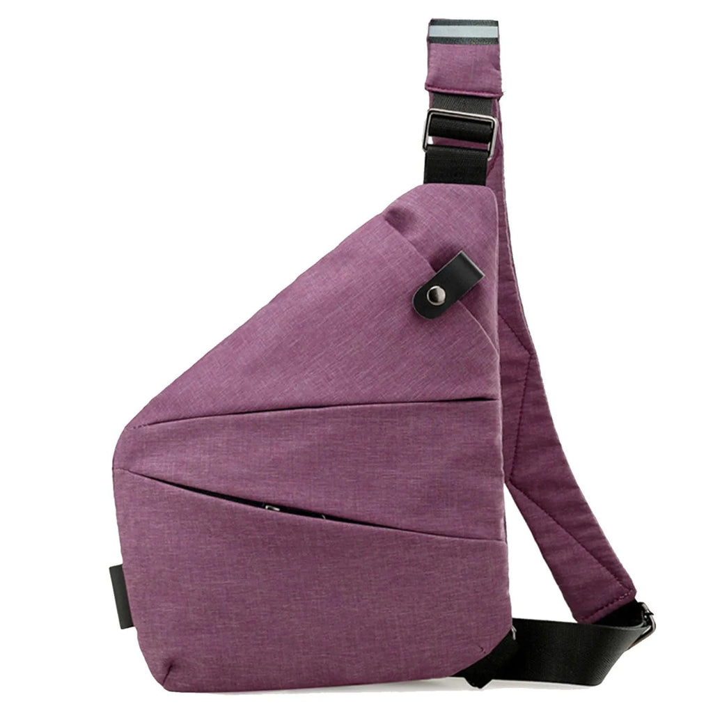 Purple slimline crossbody chest bag with adjustable strap, waterproof fabric, and secure zip pockets.