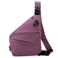 Purple slimline crossbody chest bag with adjustable strap, waterproof fabric, and secure zip pockets.