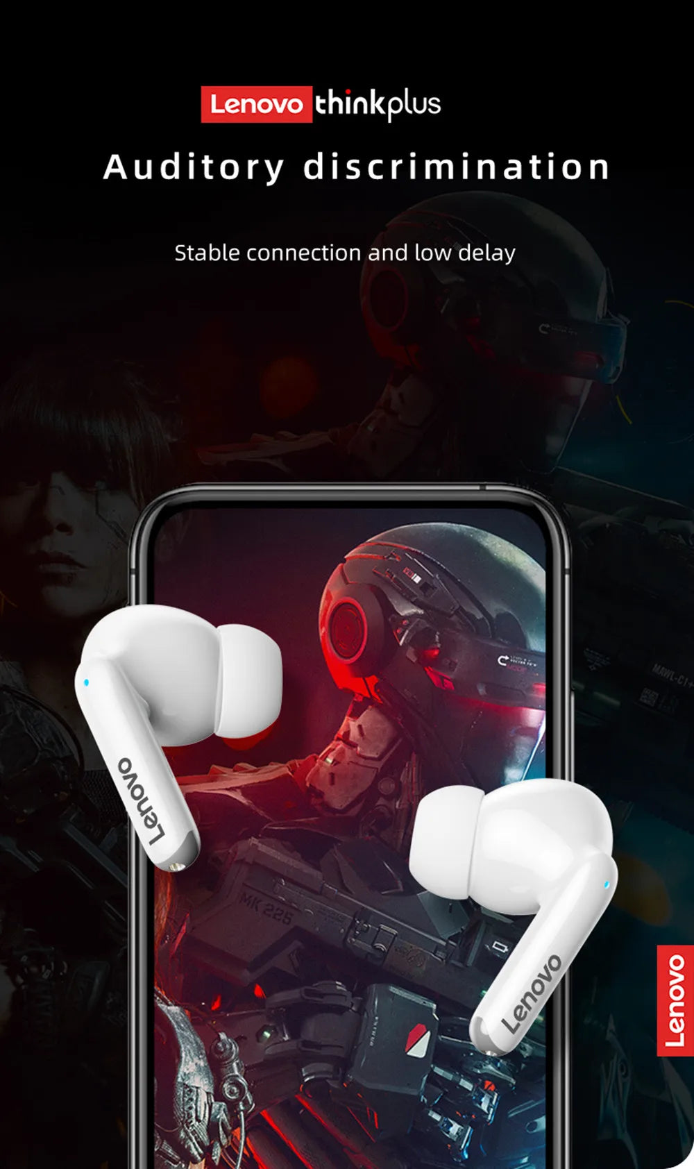 Sleek white wireless earbuds with a modern, ergonomic design displayed over a gaming-themed background.