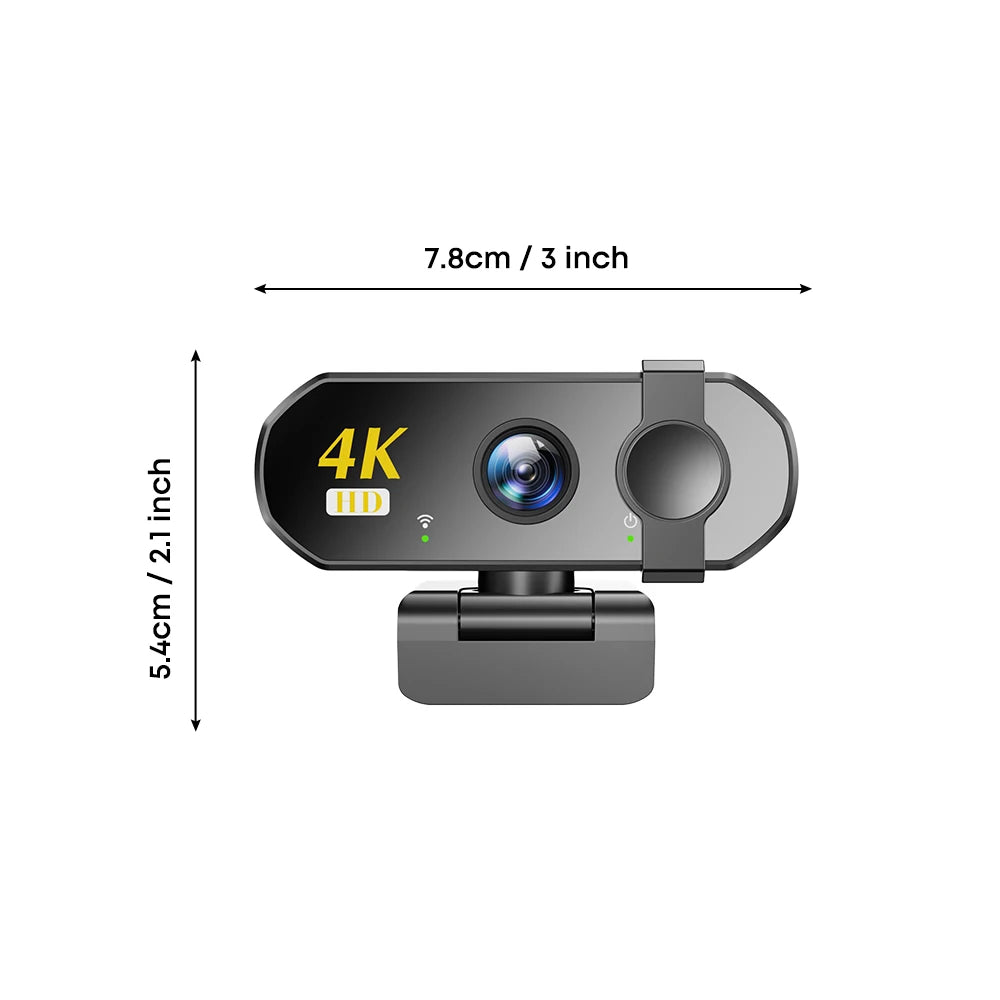 Black 4K HD webcam with a privacy cover and adjustable mount, shown with height and width dimensions.