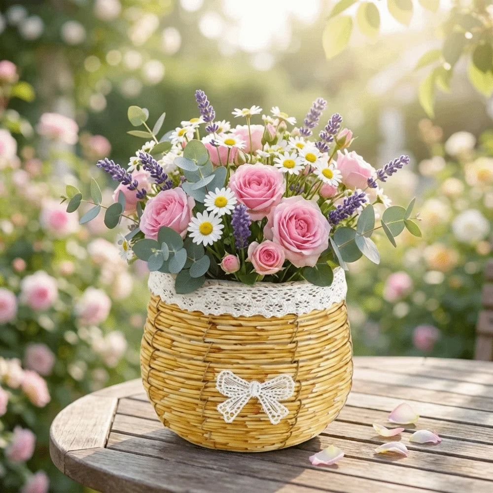 A rustic woven basket, adorned with white lace trim and a bow, holds a bouquet of pink roses, daisies, and lavender.