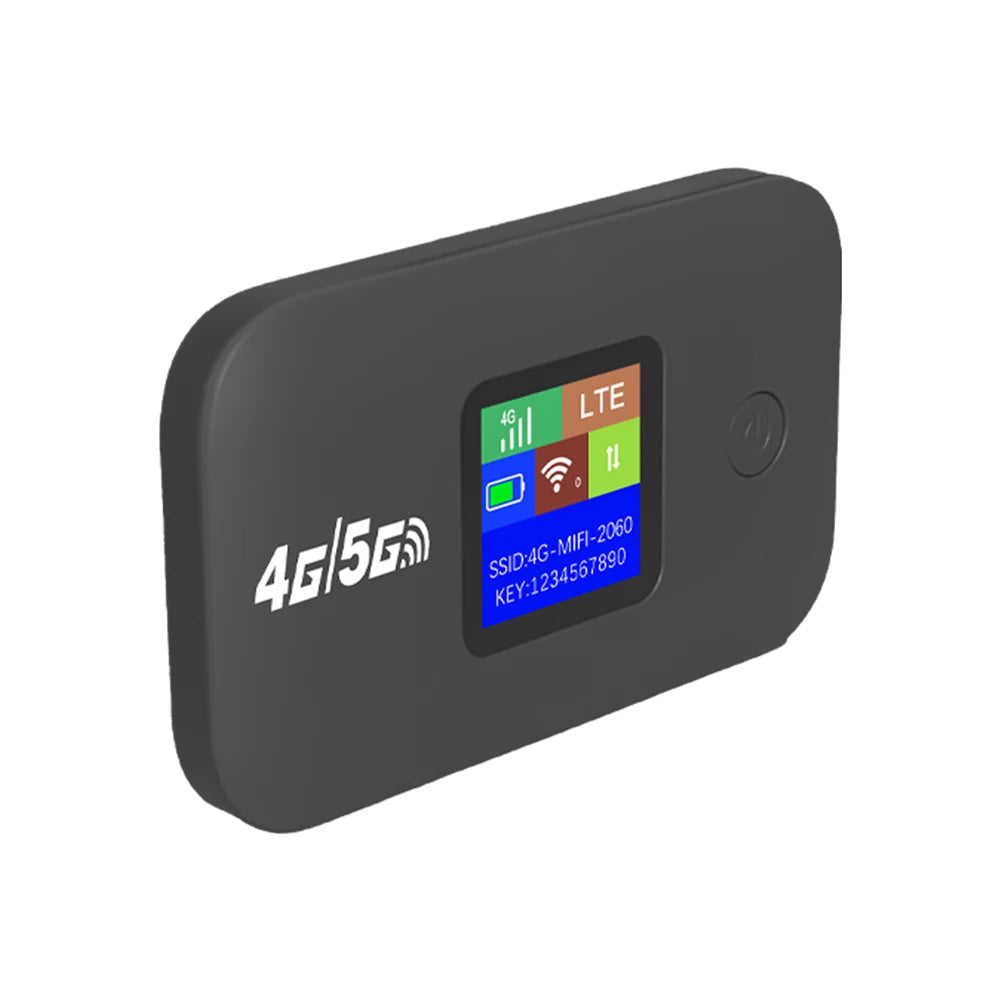 Compact black portable 4G WiFi hotspot with a digital status display screen and power button.