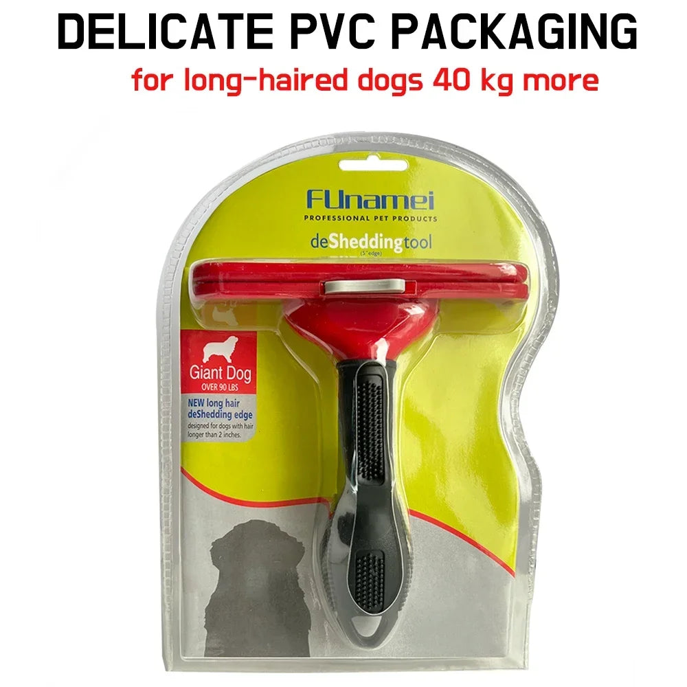 Funamei red and black deshedding tool for giant long-haired dogs, in lime green and clear PVC retail packaging.
