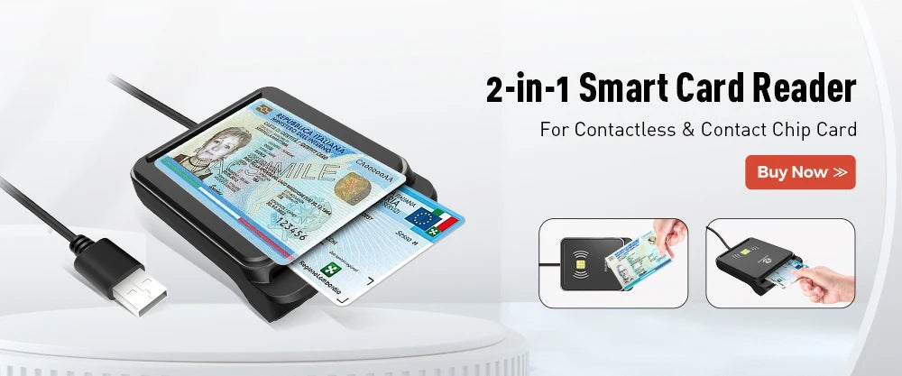 Black plastic 2-in-1 smart card reader with USB cable for contact and contactless chip cards.