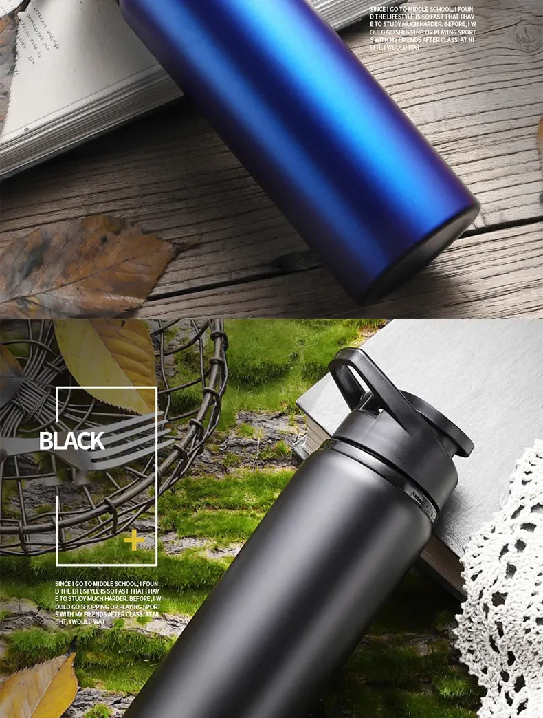 Two stainless steel water bottles, one in metallic blue and one in matte black with a carry-loop lid.