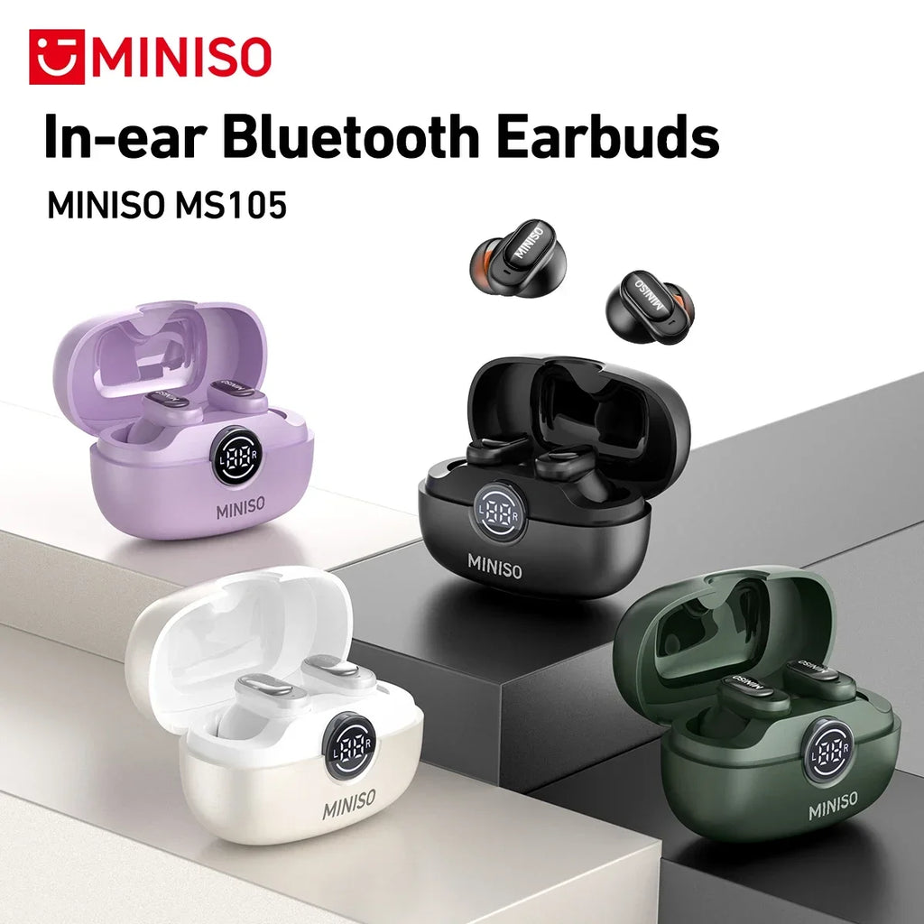 Four sets of wireless earbuds in lavender, black, white, and green, each with a digital battery display charging case.
