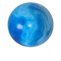 A glossy blue and white swirled glass sphere on a white background.