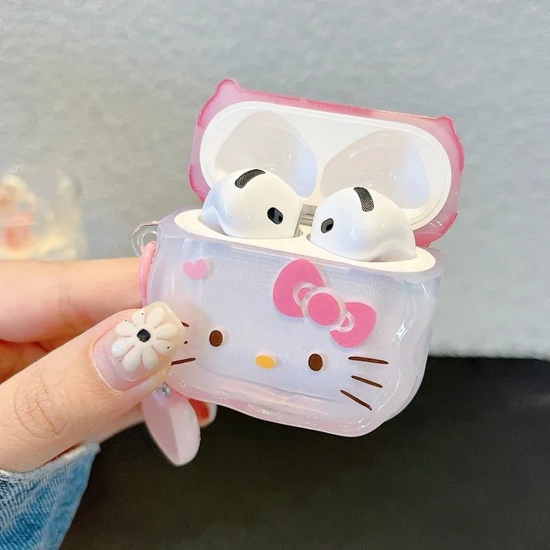 Clear Hello Kitty silicone AirPods Pro case in pink with bow design.