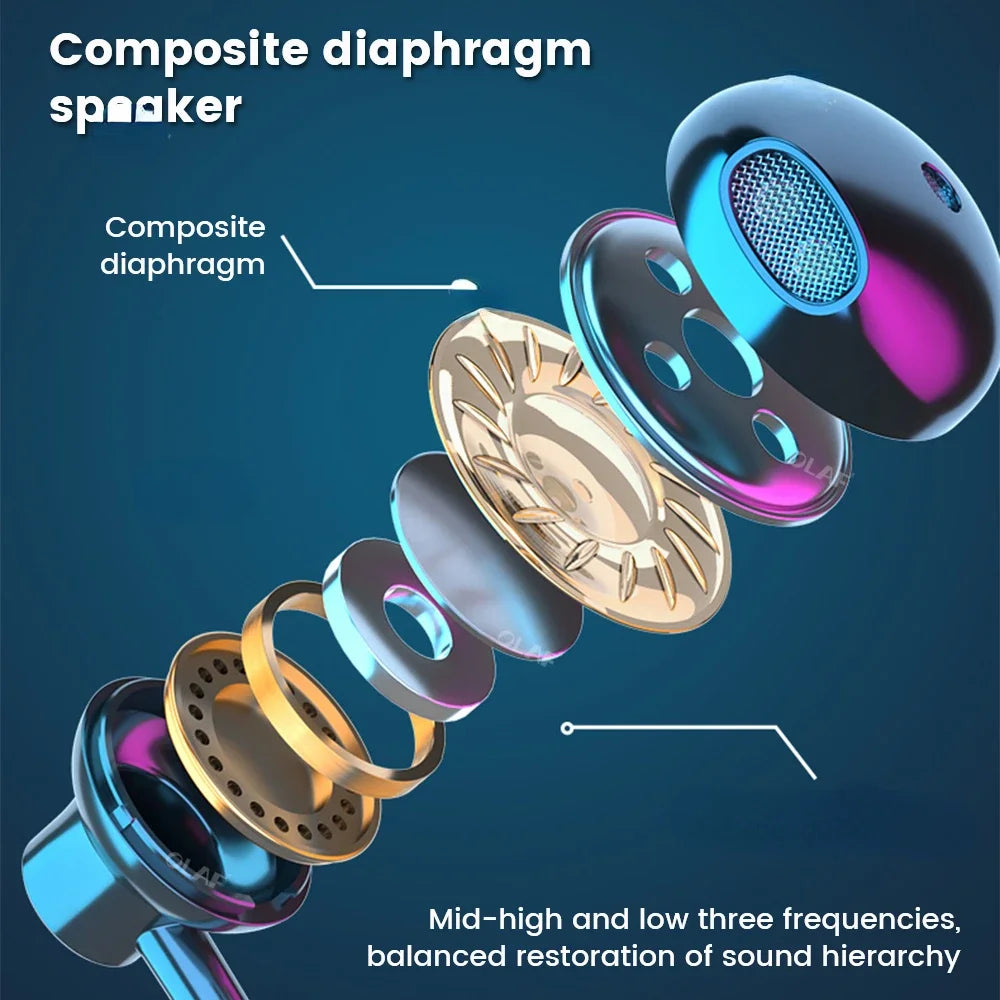 Exploded view of iridescent wireless earphones showing the internal composite diaphragm speaker components.