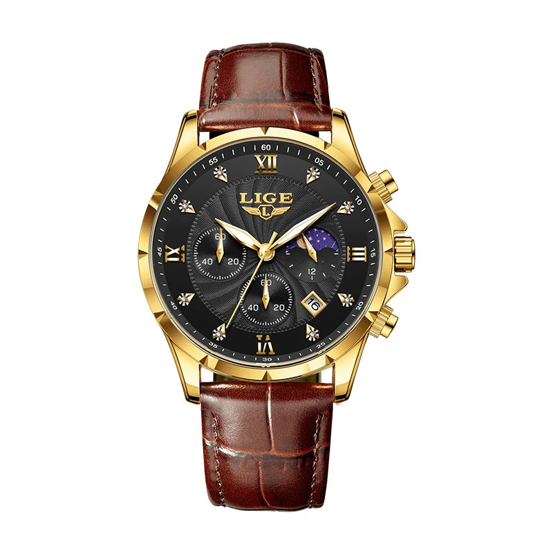 Men’s gold-tone chronograph watch with a black dial, moon phase sub-dial, and brown croc-effect leather strap.