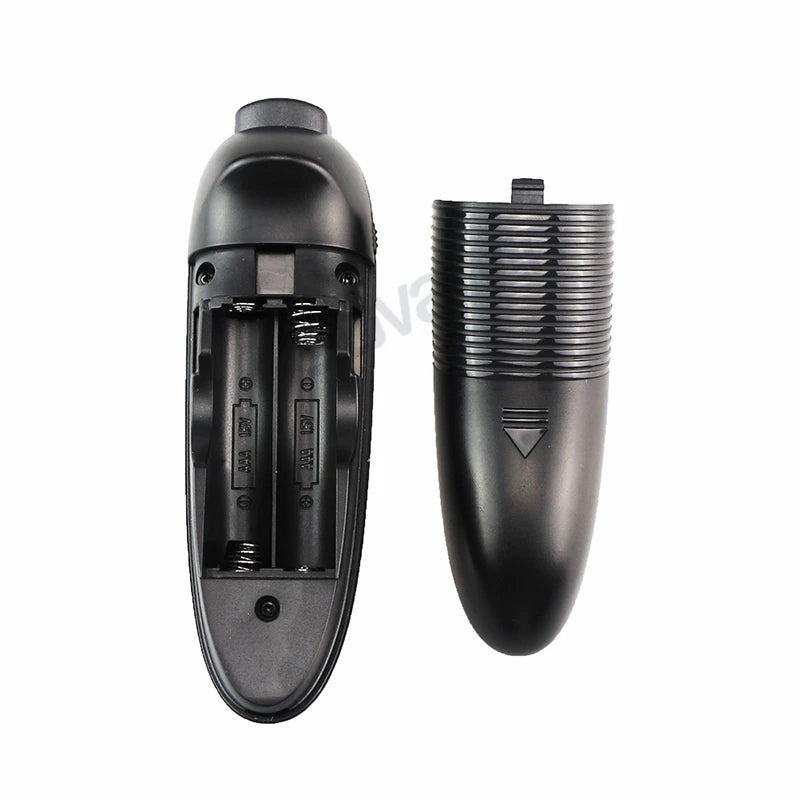 Black VR remote control with its battery compartment cover removed, showing space for two AAA batteries.