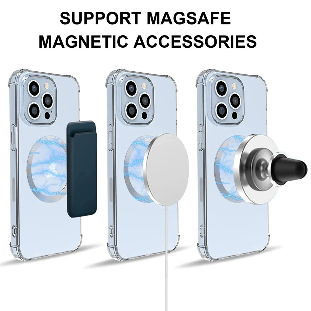 Three clear phone cases with a blue marble circular magnet design, shown attached to various magnetic accessories.