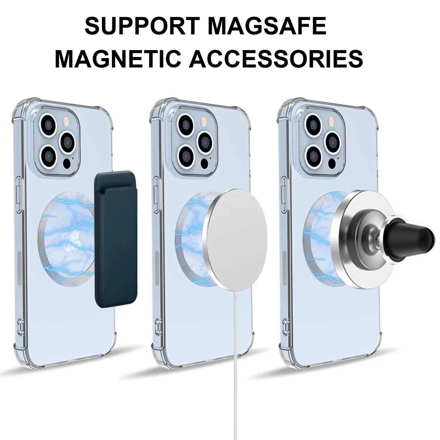 Three clear phone cases with a blue marble circular magnet design, shown attached to various magnetic accessories.