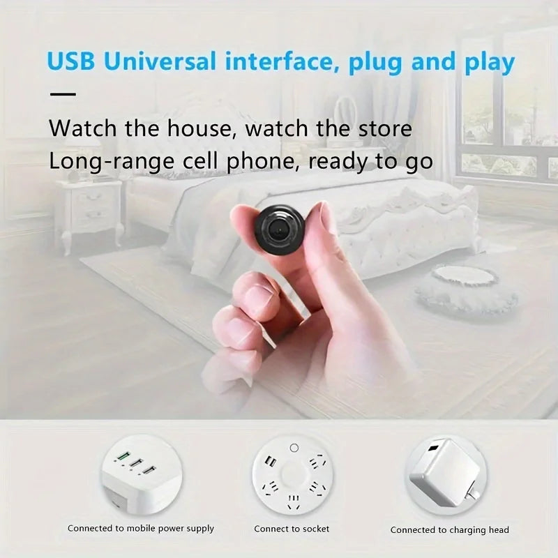 A tiny black wireless security camera held in a hand, showing USB connectivity options for power and remote monitoring.