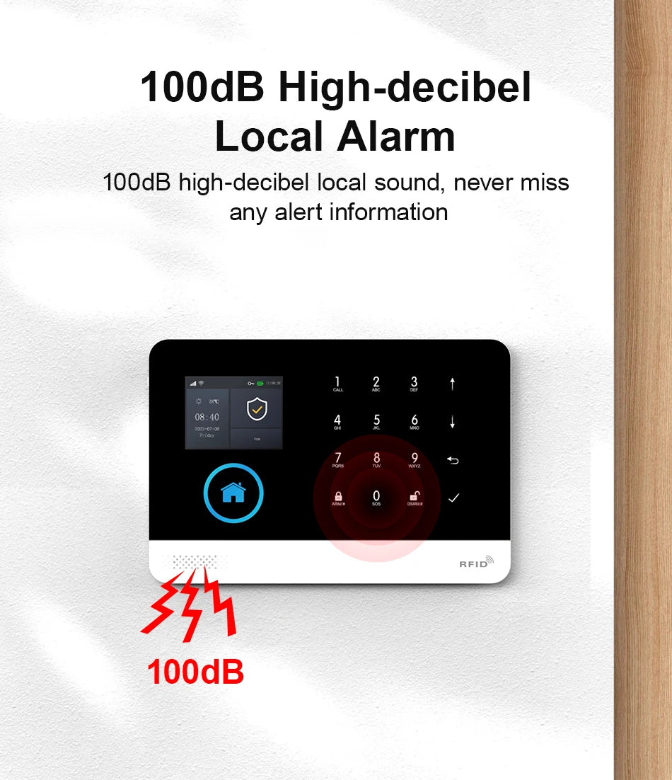 Sleek white and black wall-mounted smart home alarm panel with a digital touchscreen, keypad, and 100dB sound alert.