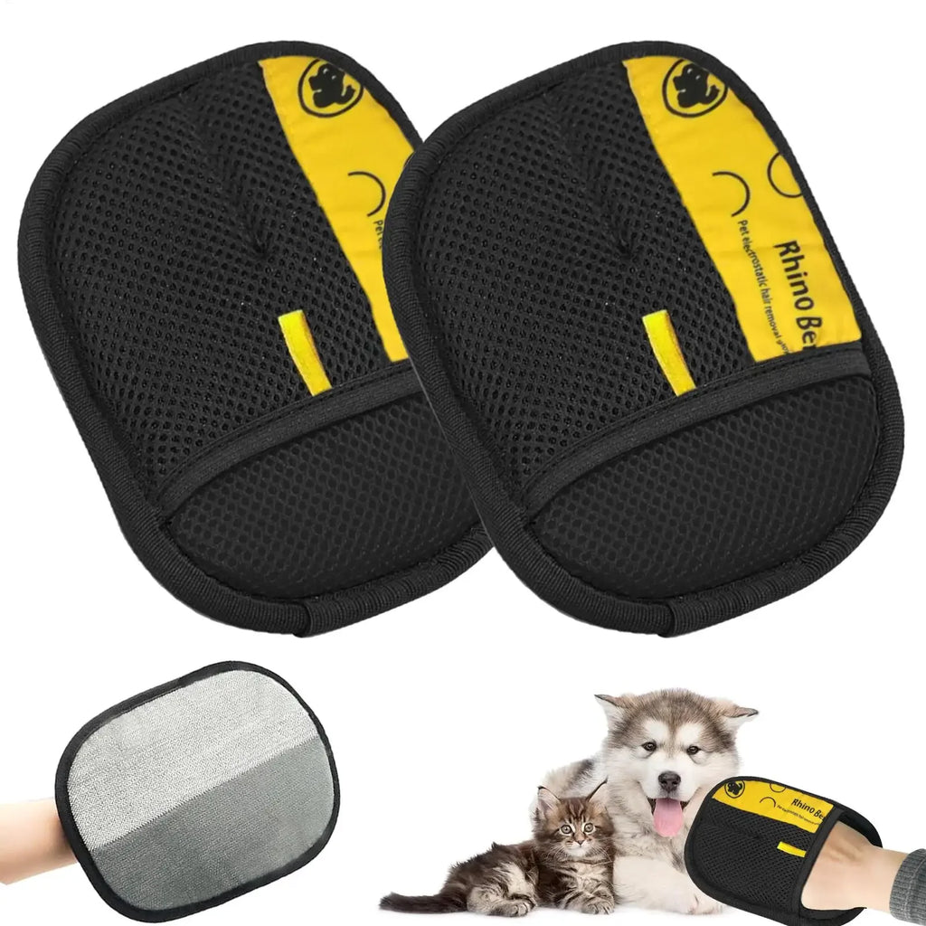 Two black and yellow mesh pet hair removal gloves, featuring a grey scrubbing side and showing a dog and kitten.