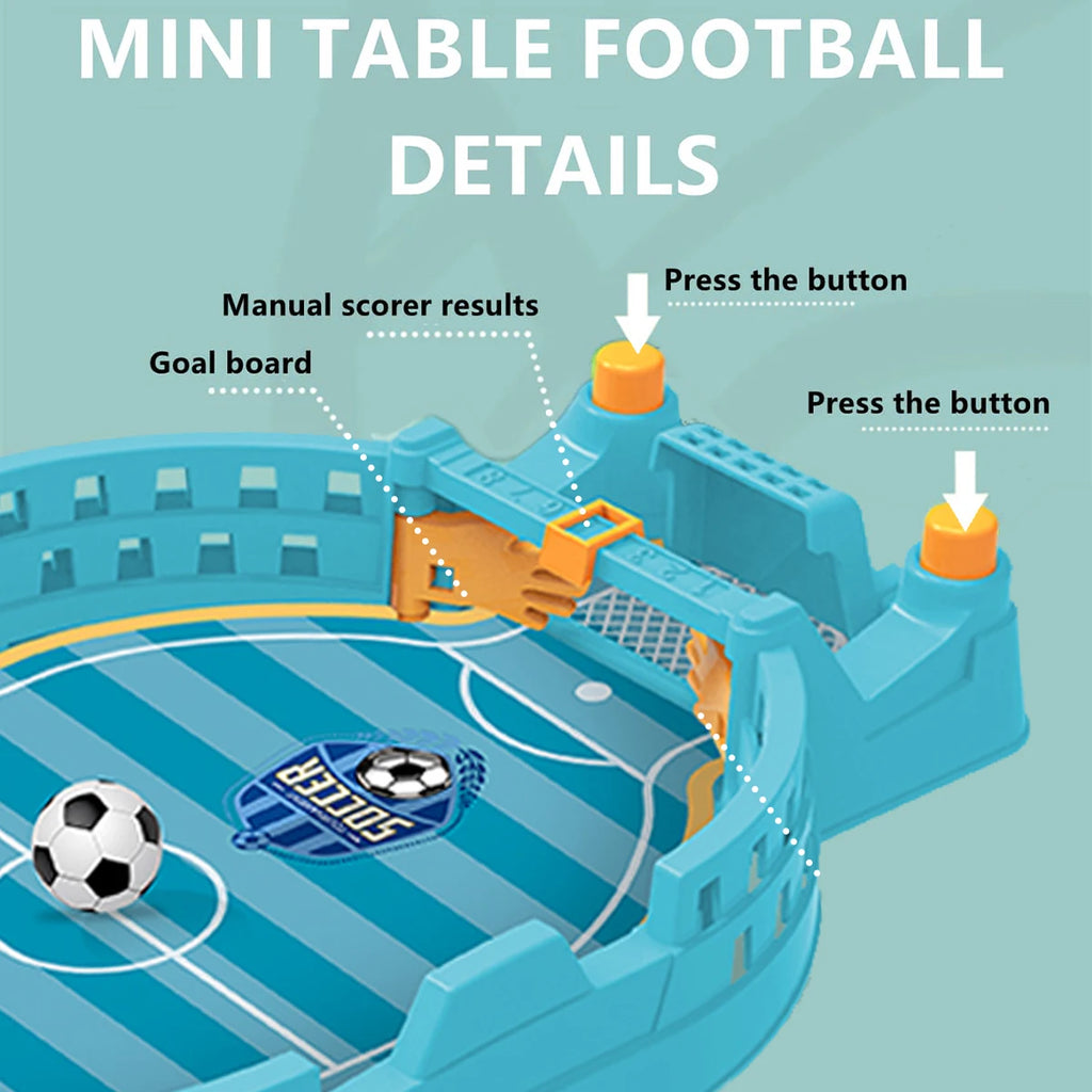 Blue mini table football game with manual scorers, goal boards, and button-activated gameplay features.