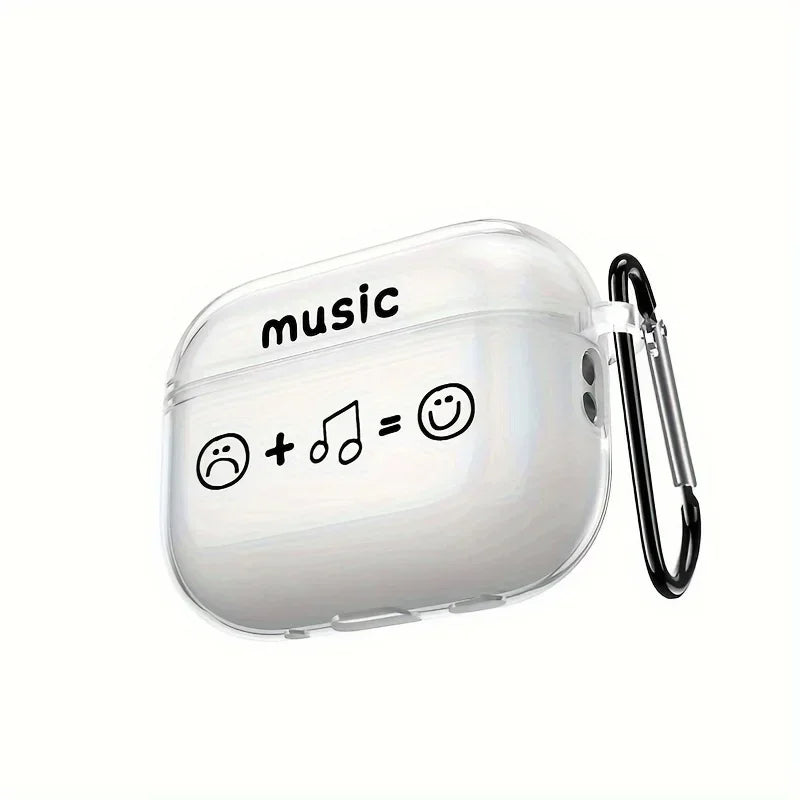 Clear plastic case for AirPods Pro with 'music' and smiley face graphic, featuring a black carabiner clip.