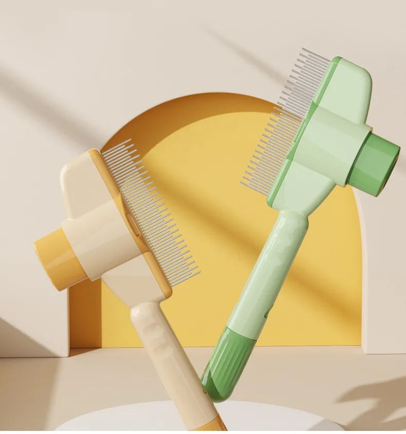 Two pet grooming combs with metal pins, in pastel yellow and green, standing against a yellow arched backdrop.