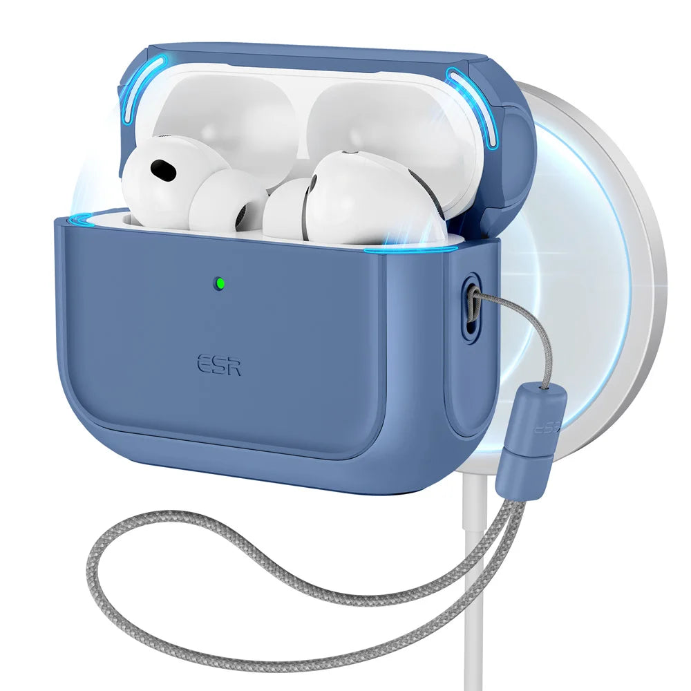 Blue ESR silicone case for AirPods Pro, featuring a wrist lanyard and MagSafe wireless charging compatibility.
