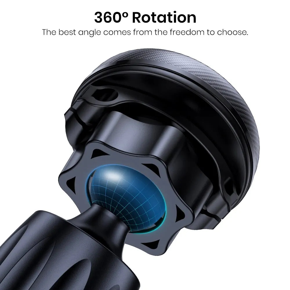 Black swivel mount with a blue grid-patterned ball joint for 360-degree rotation. Modern, textured design.