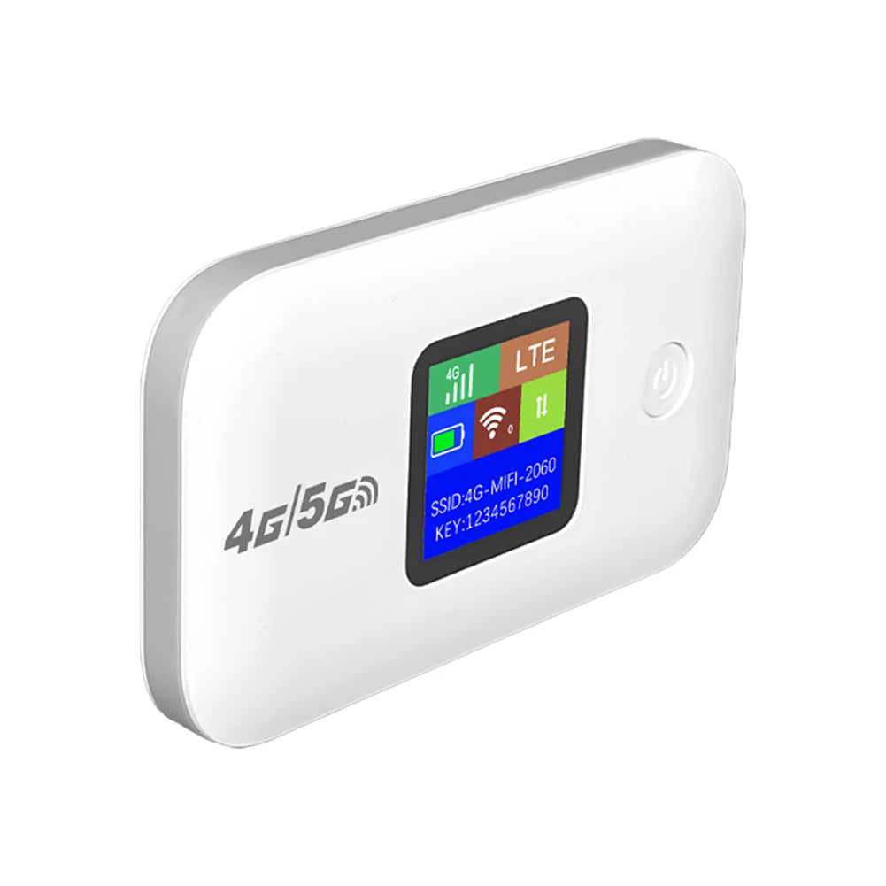 White portable 4G LTE WiFi hotspot router with a digital display showing signal, battery, and connection status.