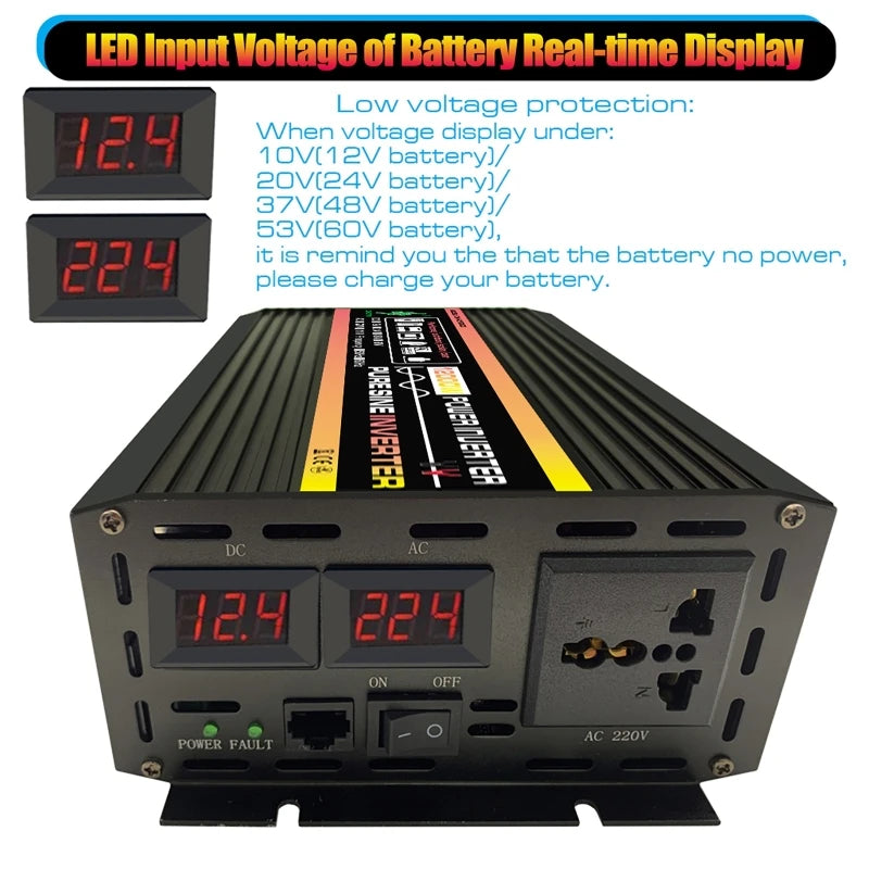 Black 12000W pure sine wave power inverter with dual LED voltage displays, AC outlet, and on/off power switch.