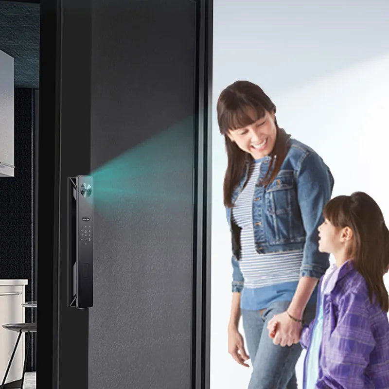 Black vertical metal smart door lock with keypad, fingerprint scanner, and face recognition light.