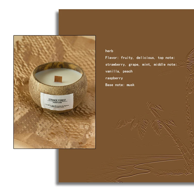 Fruity scented candle in a natural coconut shell bowl with a wooden wick, set on textured brown protective paper.