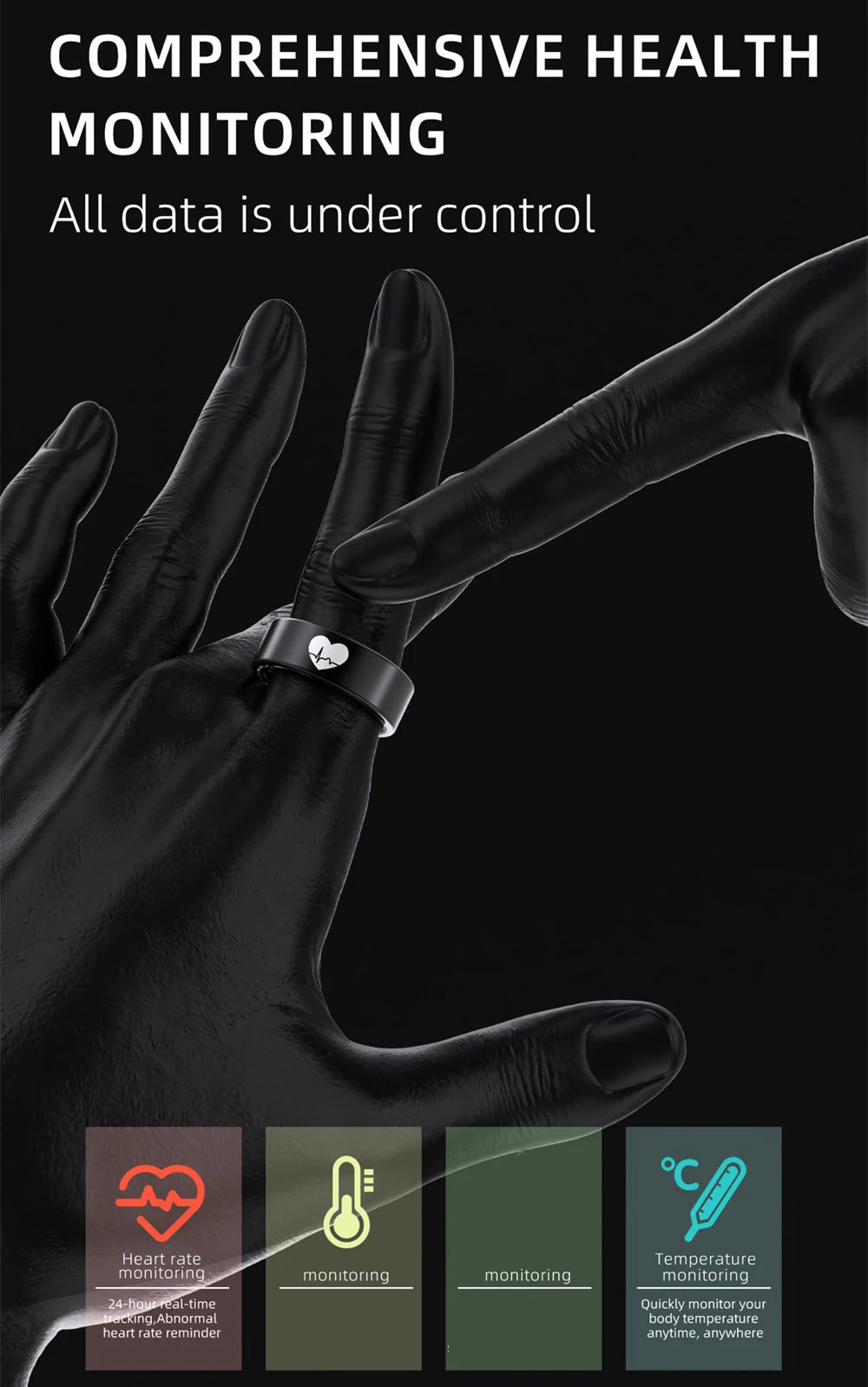 Sleek black smart ring on a hand, featuring a heart rate icon. Includes icons for heart rate and temperature monitoring.