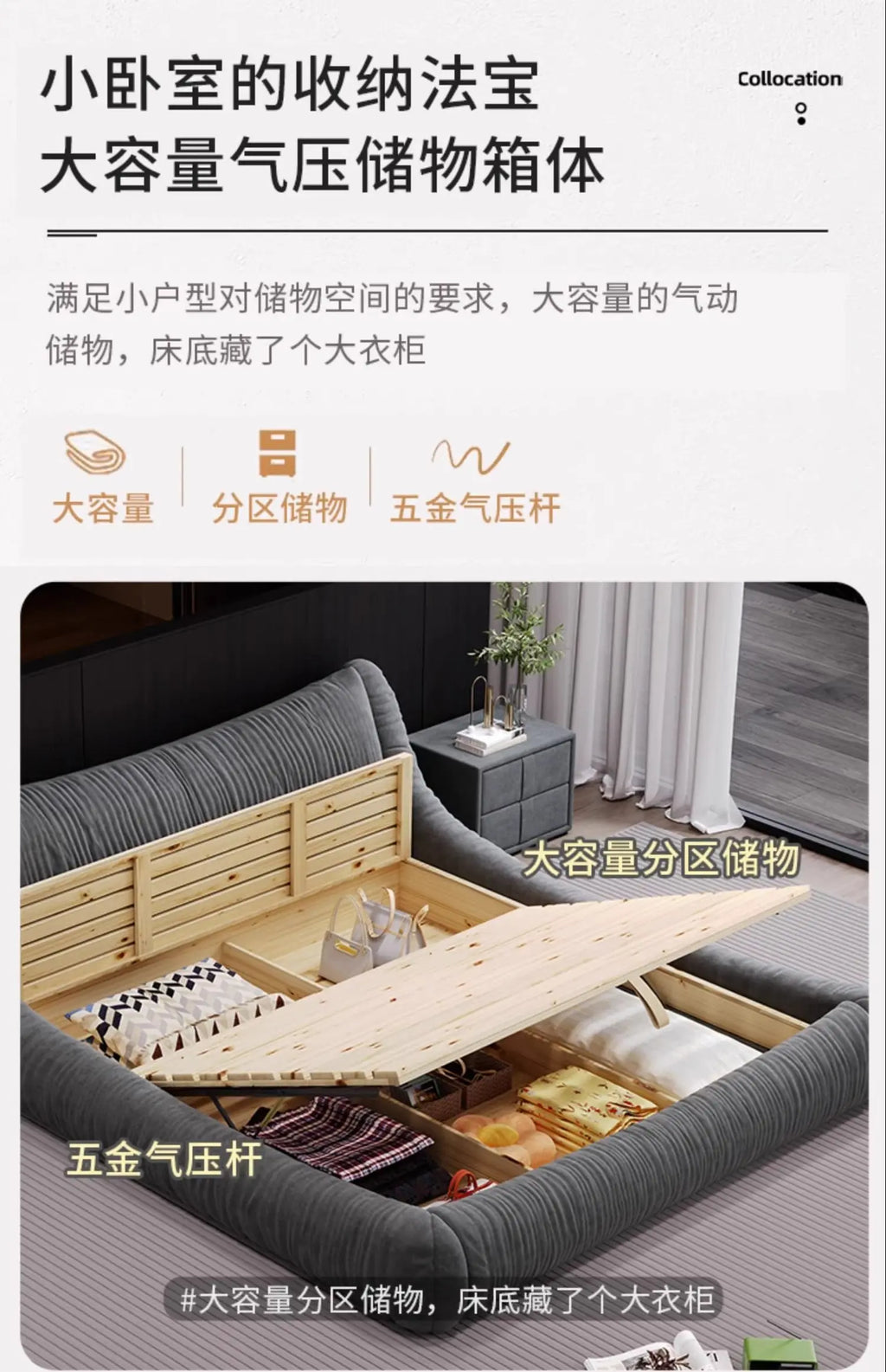 Modern grey upholstered bed frame with a gas-lift slatted base revealing spacious, organised under-bed storage.