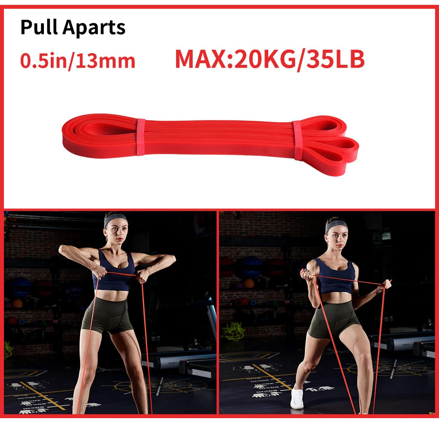Red resistance band with 20kg/35lb capacity, shown folded and in use for exercise by a woman in a gym.